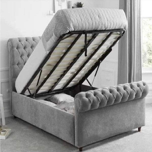 Elegant Storage Solution: Sleigh Chesterfield Storage Lift-Up Bed.