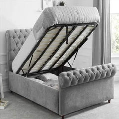 Elegant Storage Solution: Sleigh Chesterfield Storage Lift-Up Bed.