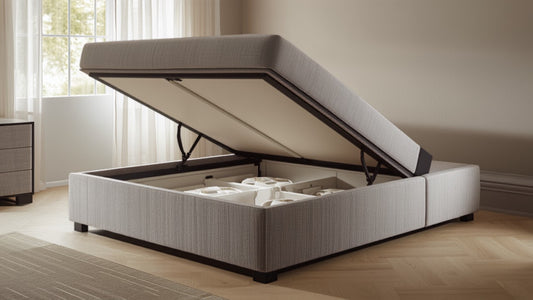 Upholstered ottoman storage bed with gas-lift base open in a UK bedroom