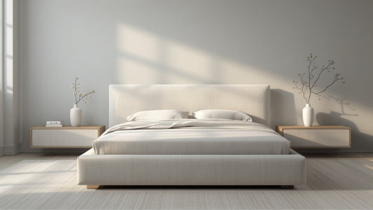 Clean modern panel upholstered bed frame in a minimalist UK bedroom