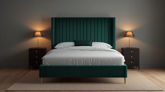 Luxury velvet upholstered bed frame with tall headboard in a UK bedroom