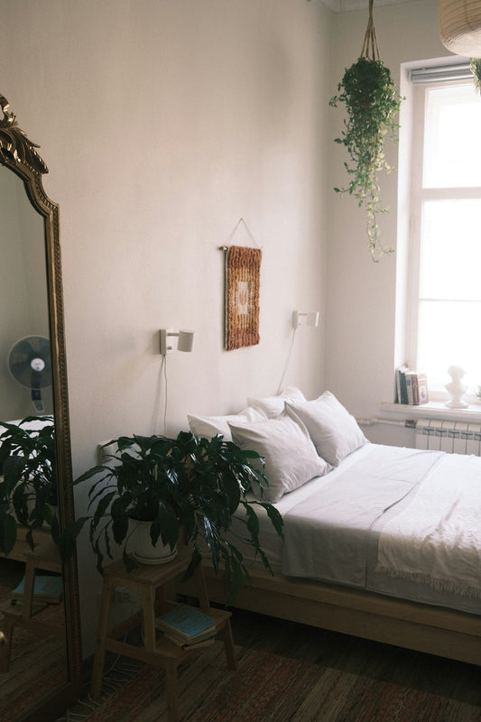 A simple bed frame set up in a bedroom
