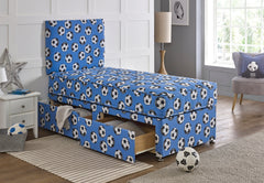 Bed Innovation Kids Football Blue Divan Bed Set With Sprung Memory Foam Mattress and Headboard.
