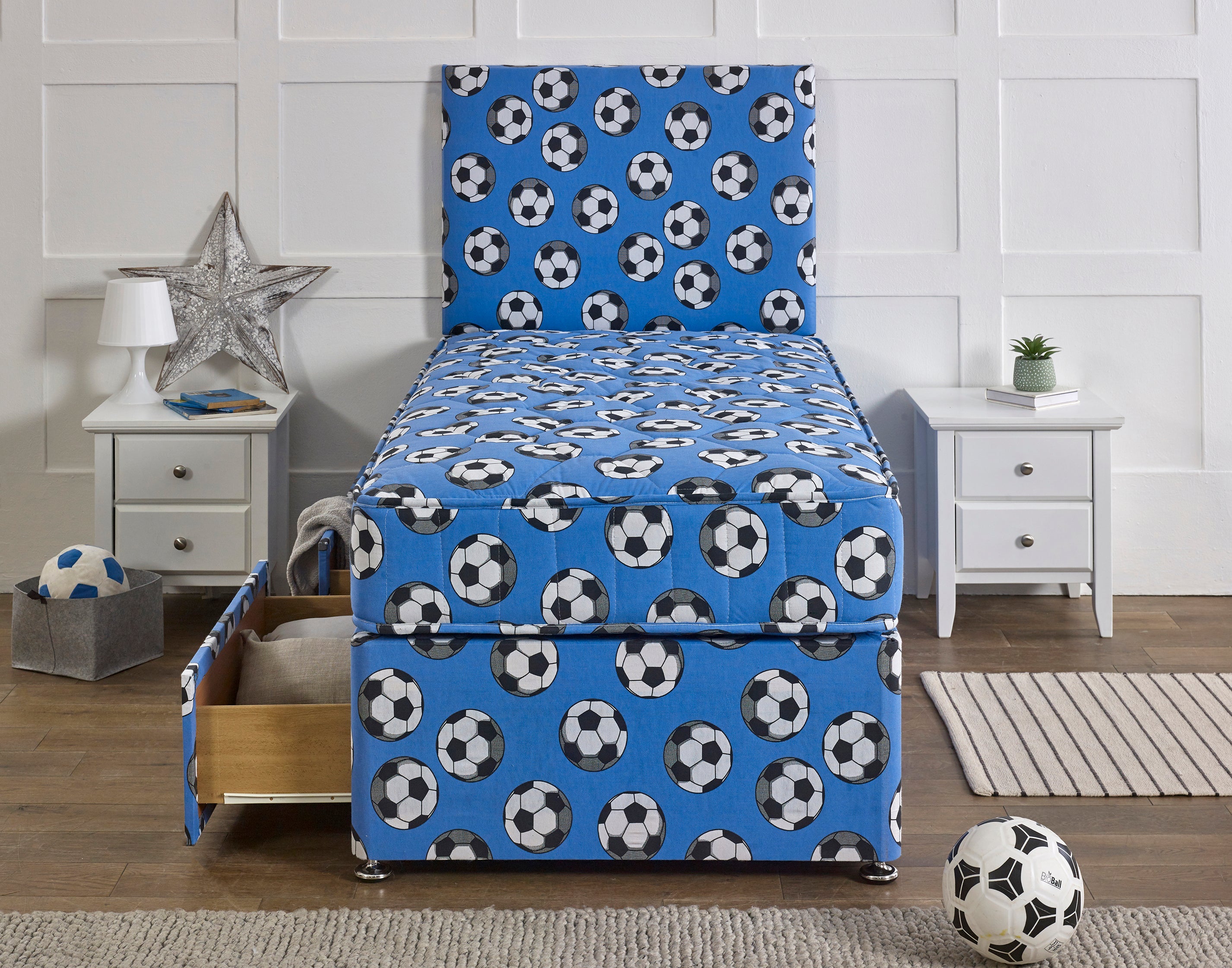 Bed Innovation Kids Football Blue Divan Bed Set With Sprung Memory Foam Mattress and Headboard - Bed Innovation Limited