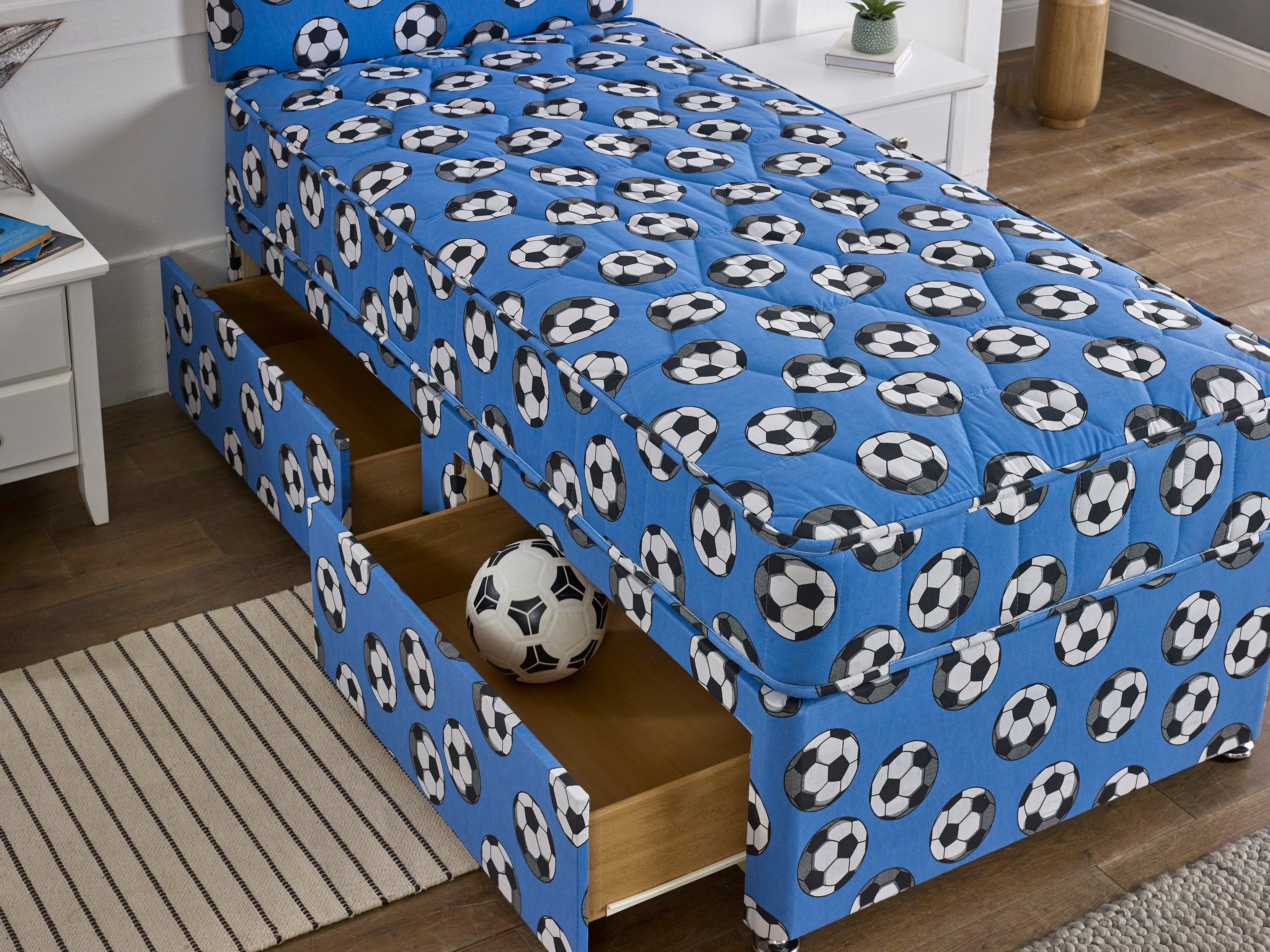 Bed Innovation Kids Football Blue Divan Bed Set With Sprung Memory Foam Mattress and Headboard - Bed Innovation Limited